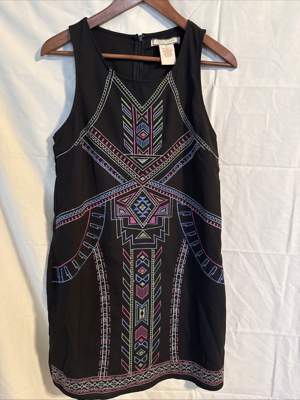 Flying Tomato Black Geometric Tribal Embroidered Tunic Shift Dress Size M Boho